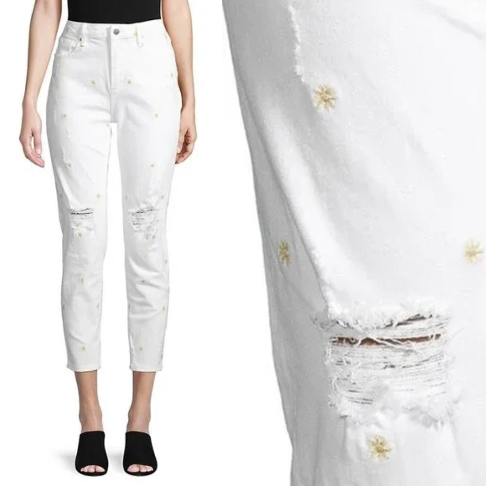 NEW Driftwood Women Embroidered Floral Daisy Distressed Crop Ankle Ripped Pants